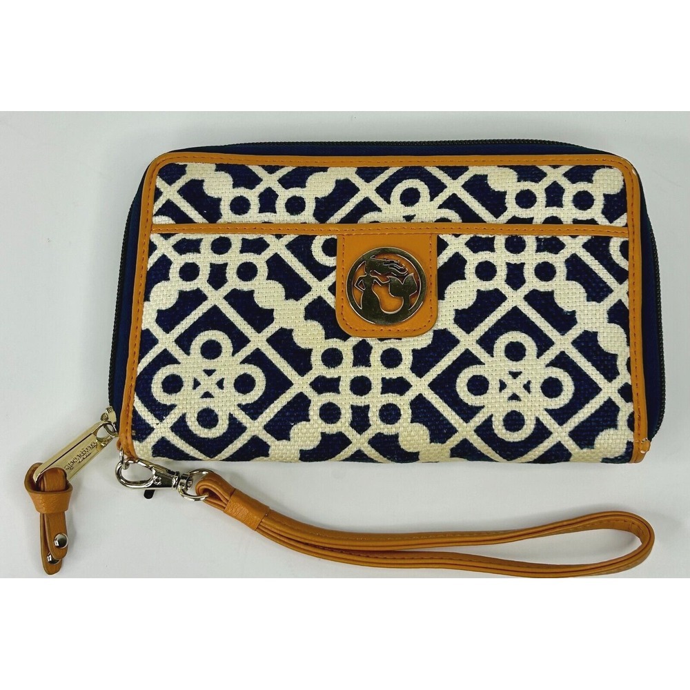 Spartina Daufuskie Island Linen Leather Blue Orange Wristlet‎ Travel Game Day